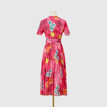 Summer Floral Print Crinkle Midi Short Sleeve Dress