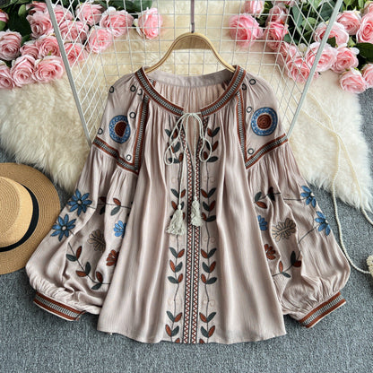 Ethnic Embroidered Tie-Neck Blouse-khaki-one size-Free Shipping Leatheretro