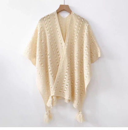 Boho Chic Knit Fringe Shawl – Ethnic Travel Wrap with Slit for Women