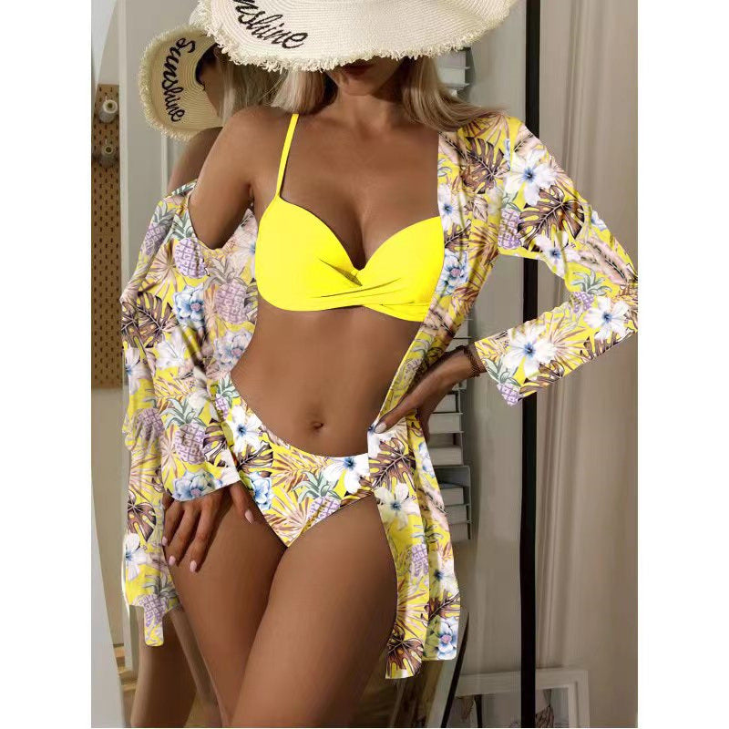 Women's 3-Piece Mesh Long Sleeve Cover-Up – Beach Bikini Set