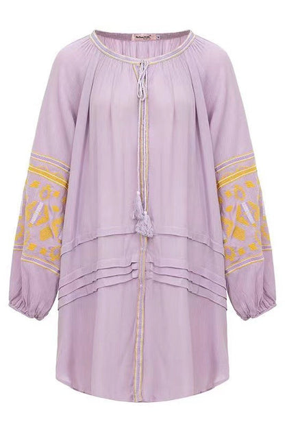Bohemian Ethnic Embroidered Loose Front Button Dress