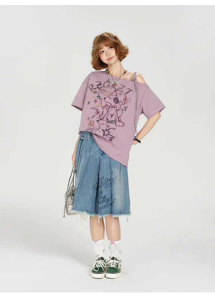 Girlyhaloy Vintage Off-Shoulder T-Shirt