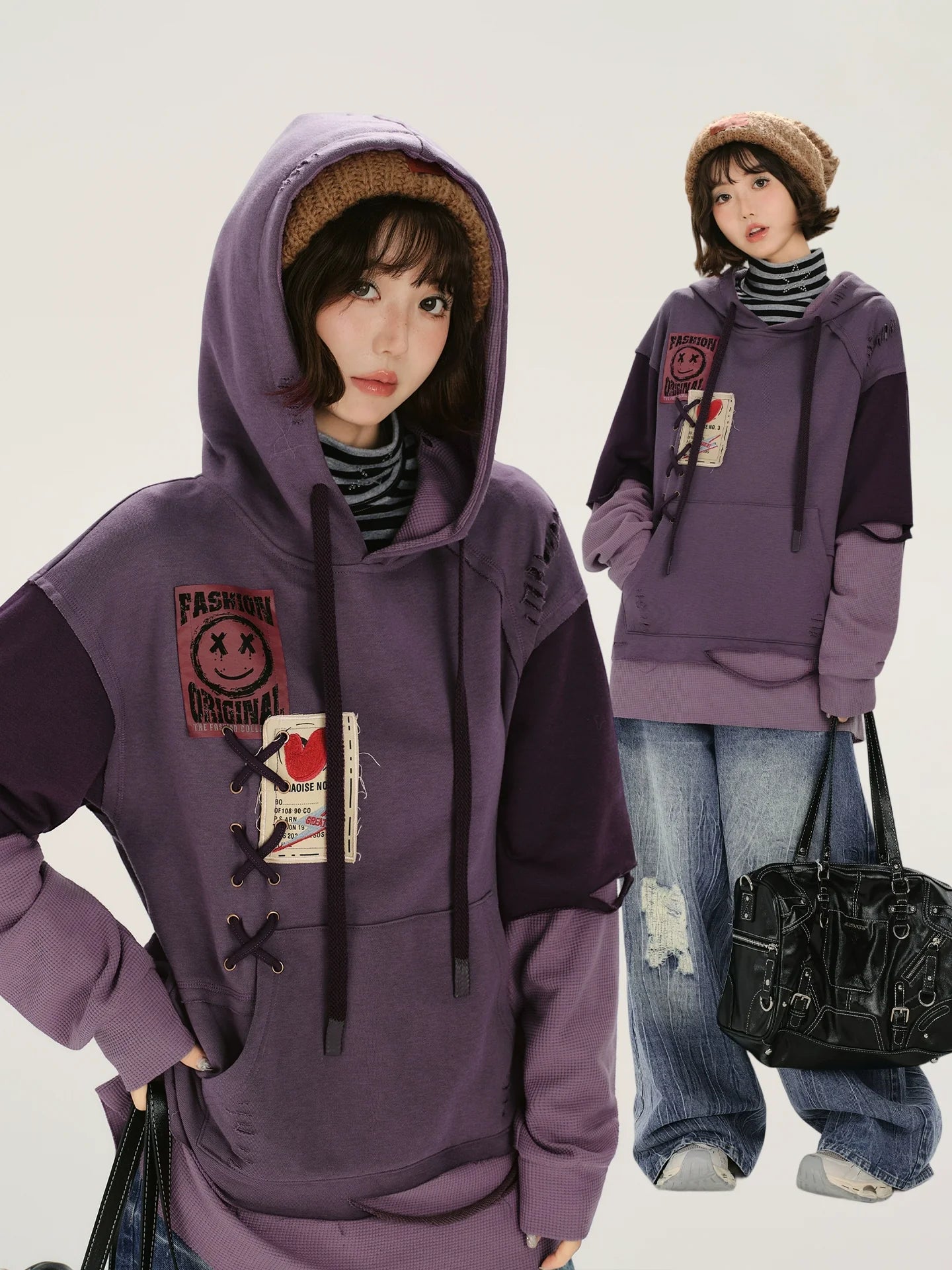 Retro Distressed Design Fake Two-Piece Hooded Sweatshirt
