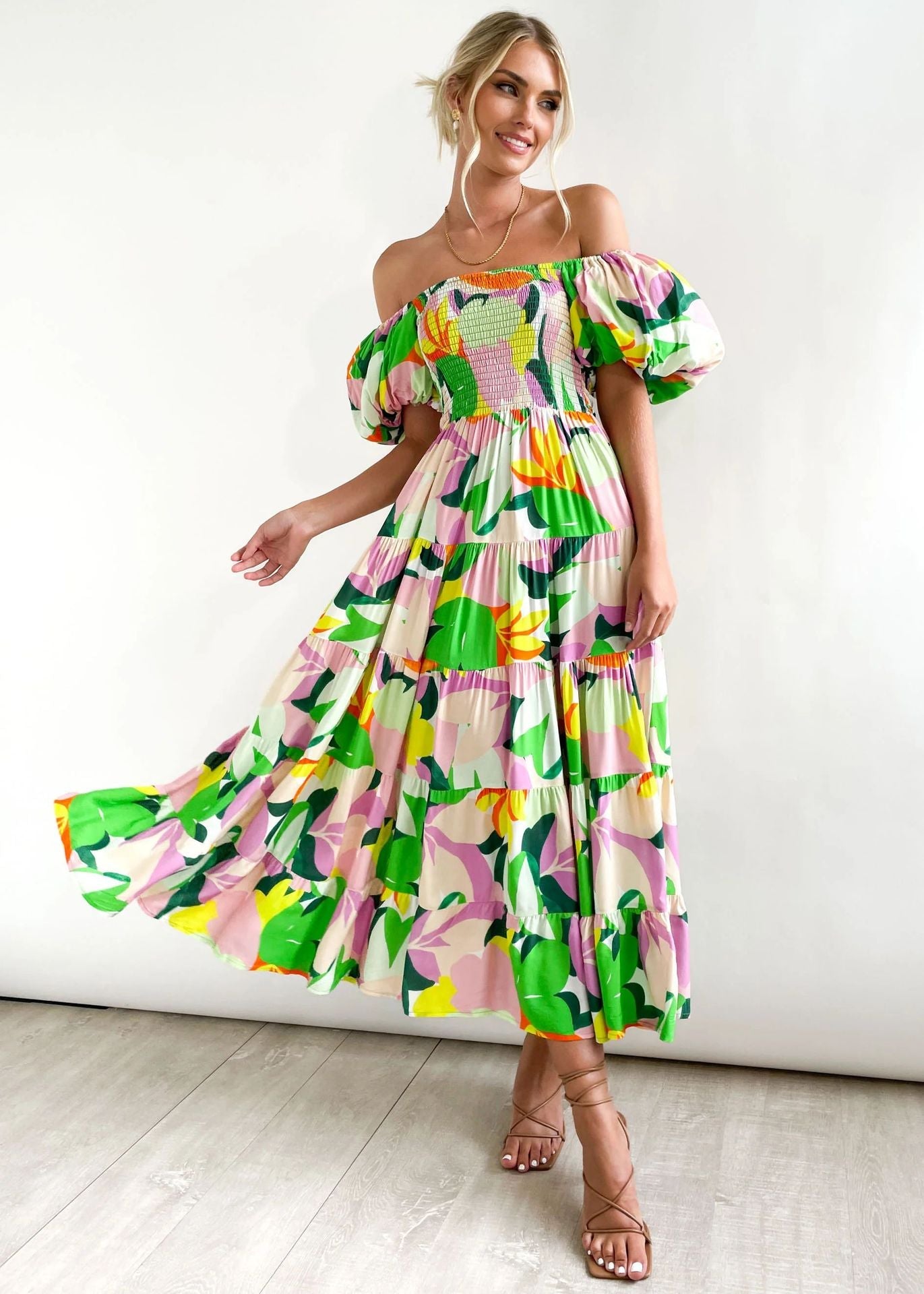 Spring Summer Off-Shoulder Floral Print Puff Sleeve Dress