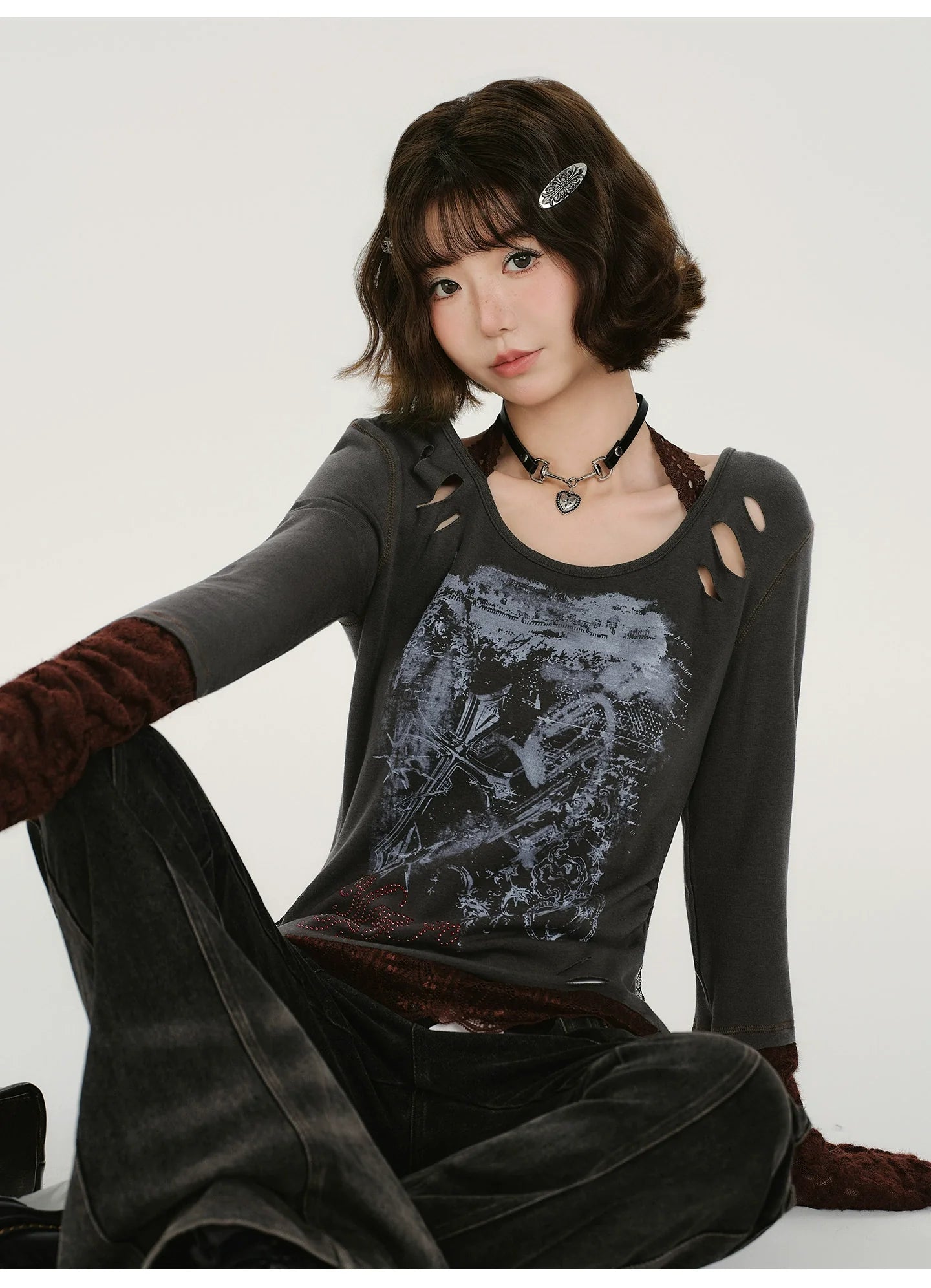 Girlyhalo Retro Patchwork Lace Distressed Long Sleeve T-Shirt