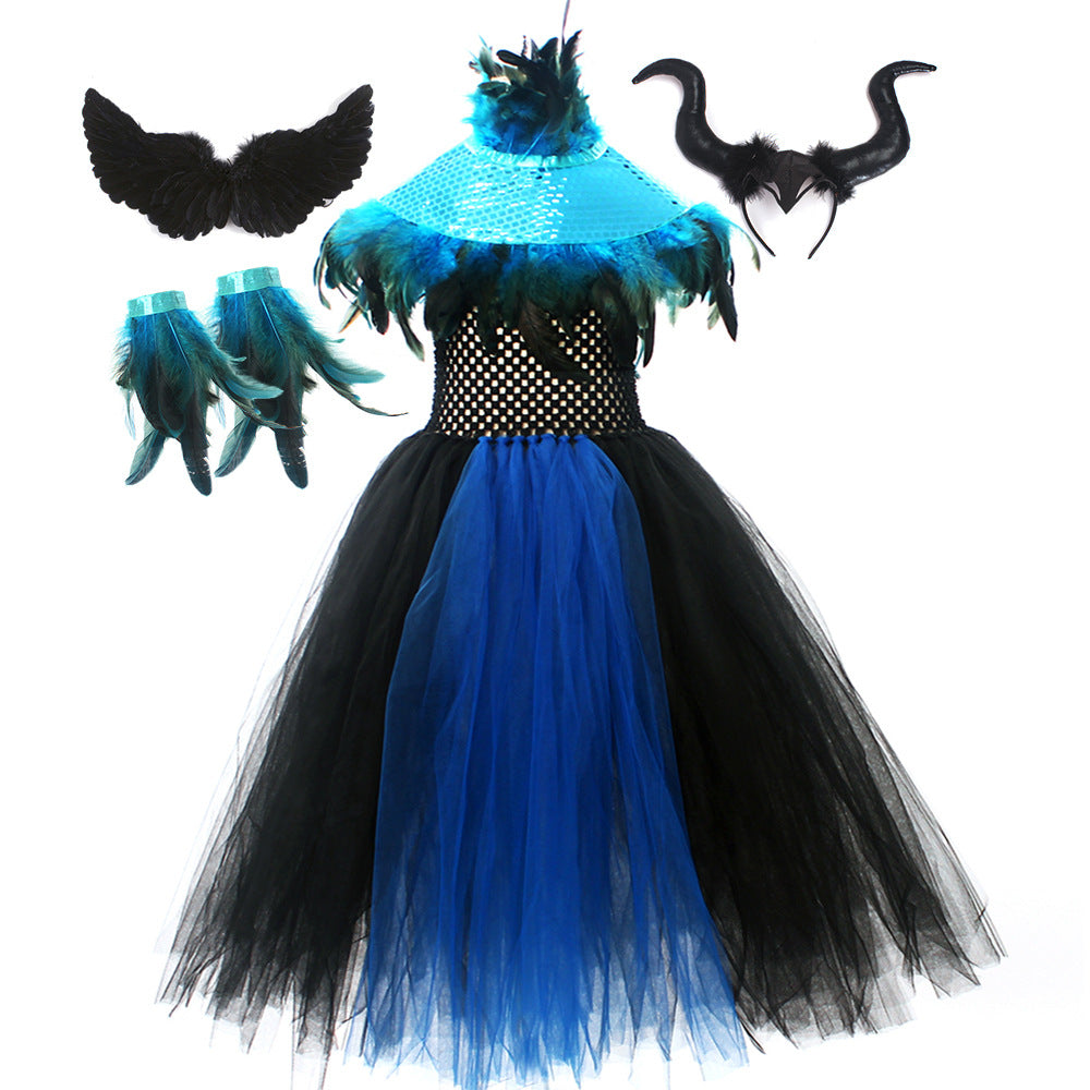 Halloween Glitter Feather Collar Witch Long Dress