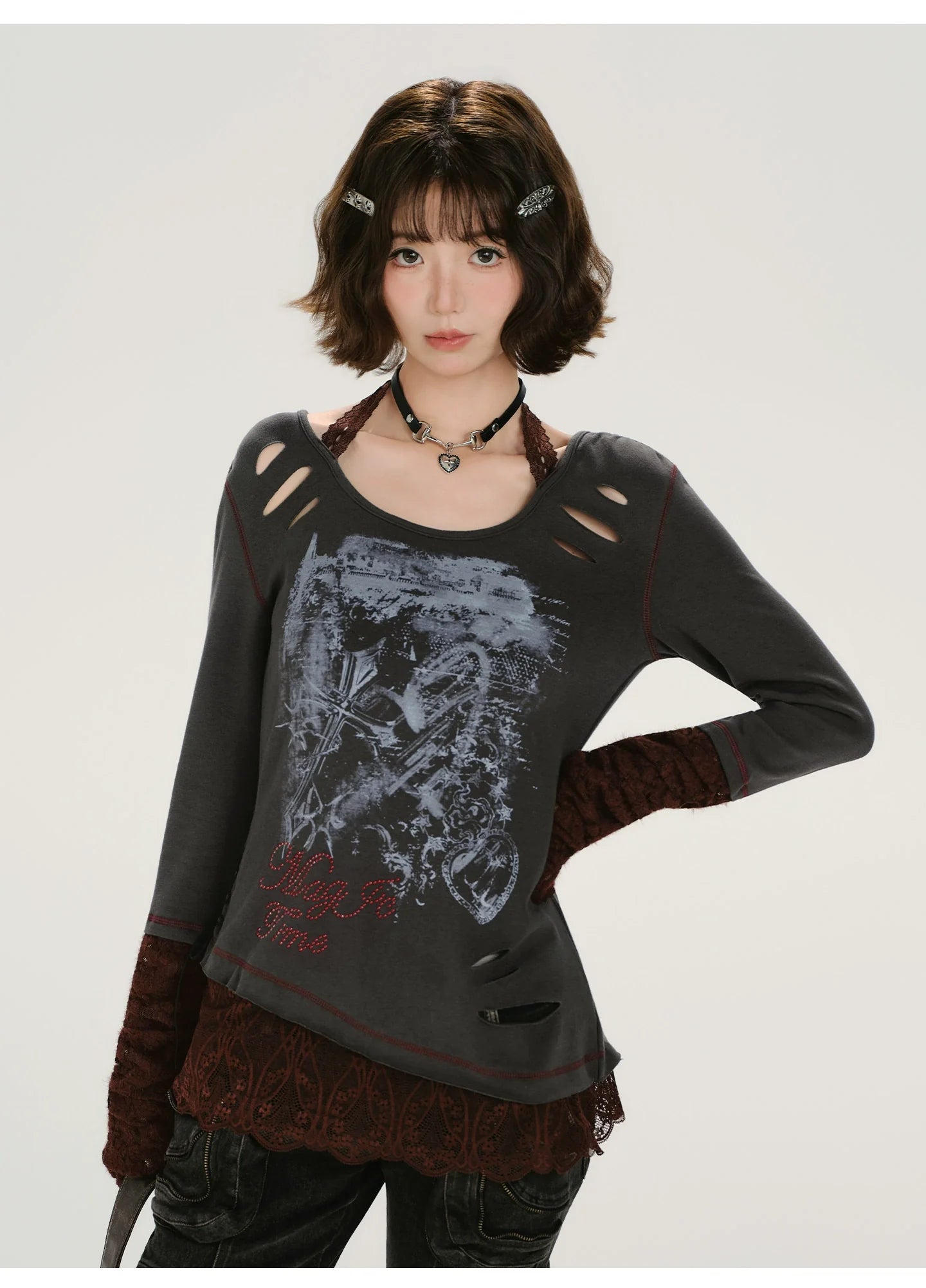 Girlyhalo Retro Patchwork Lace Distressed Long Sleeve T-Shirt