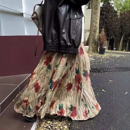 Vintage Watercolor Rose Print Maxi Skirt