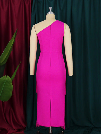 Sexy Summer Rose Red One Shoulder Tassels Party Dresses-Dresses-Free Shipping at meselling99