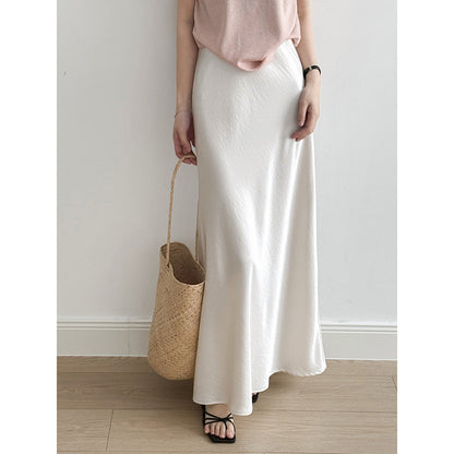 uxury Satin Midi Skirt – High Waist Bodycon Fishtail Skirt with Textured Detail-White-M-Free Shipping Leatheretro