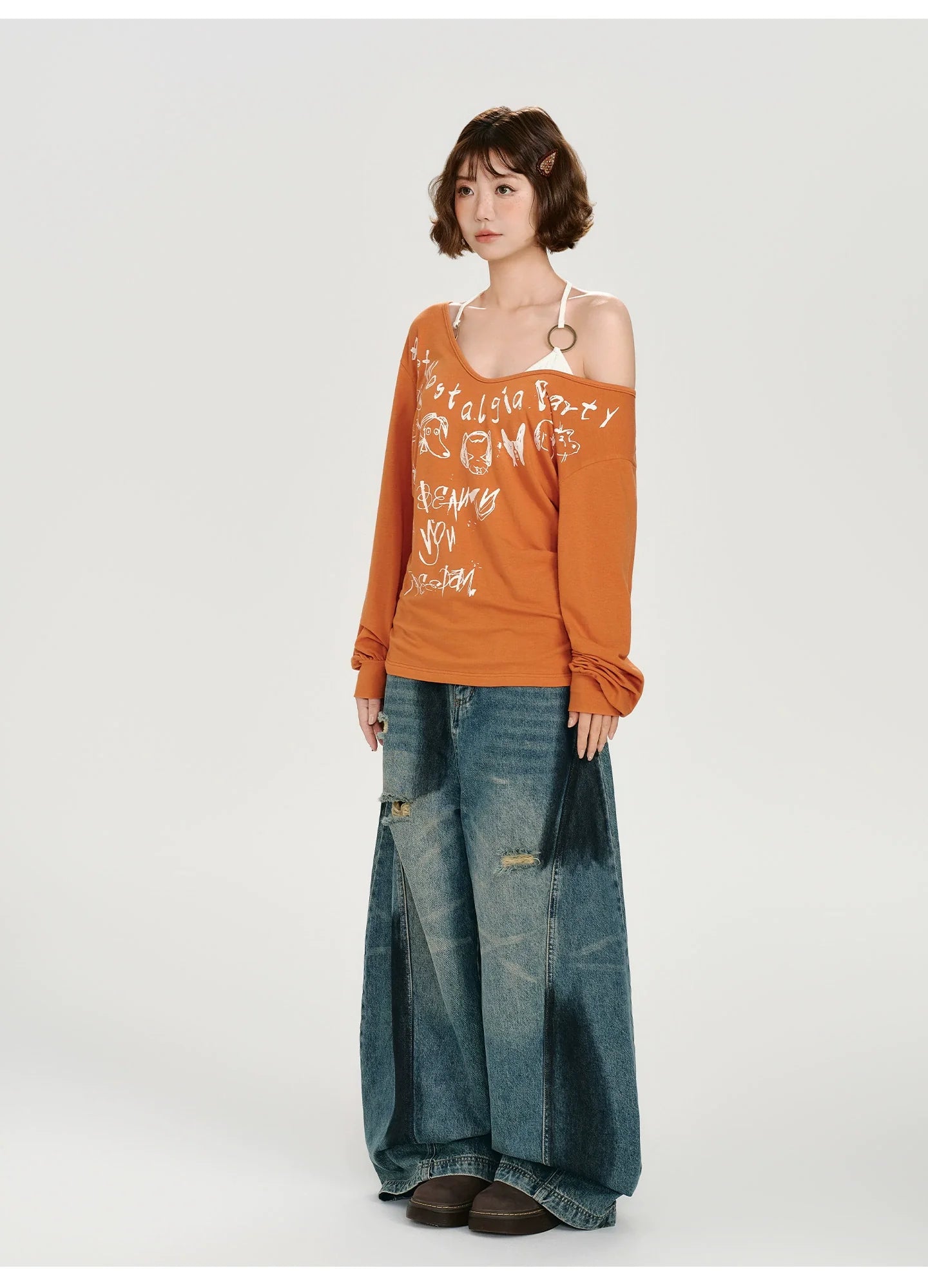 Girlyhalo Retro Babe Print Off-Shoulder Long Sleeve T-Shirt