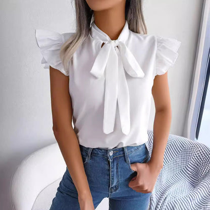 Solid Color Ruffled Tie-Bow Blouse – Elegant Women’s Shirt