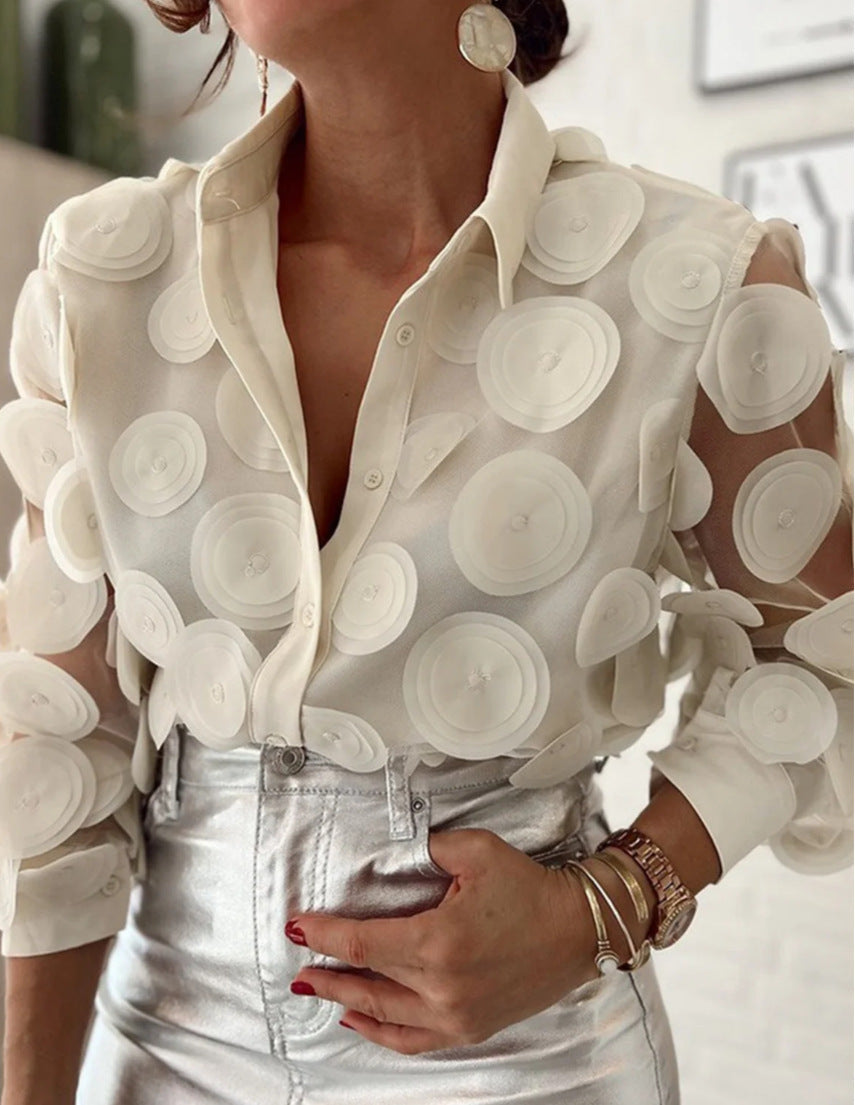 Women's Fall Long Sleeve Round Neck Mesh Sleeve Blouse