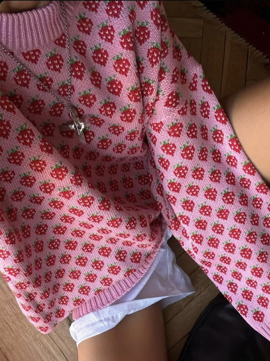 Oversized Strawberry Print Sweater