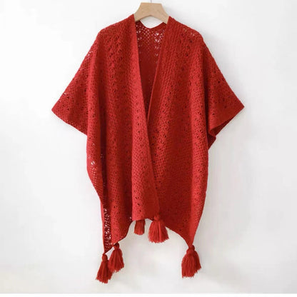 Boho Chic Knit Fringe Shawl – Ethnic Travel Wrap with Slit for Women