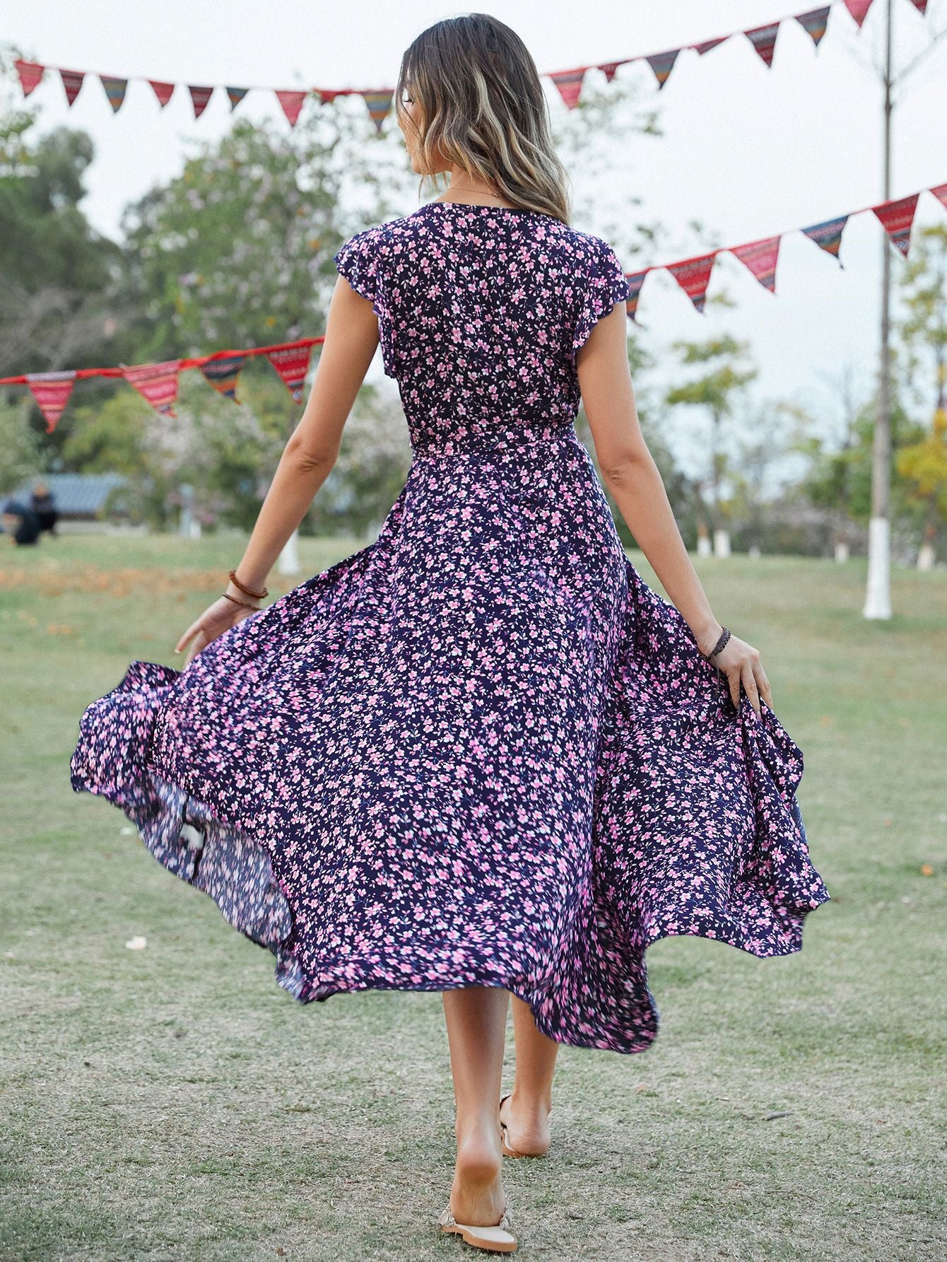 Bohemian V-Neck Tie-Waist Maxi Dress