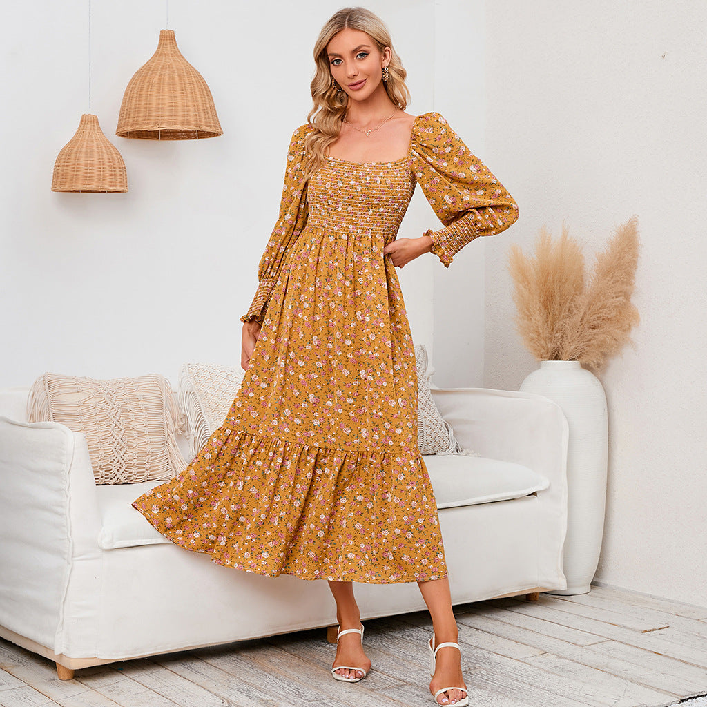 Women's Floral Print Square Neck Chiffon Dress