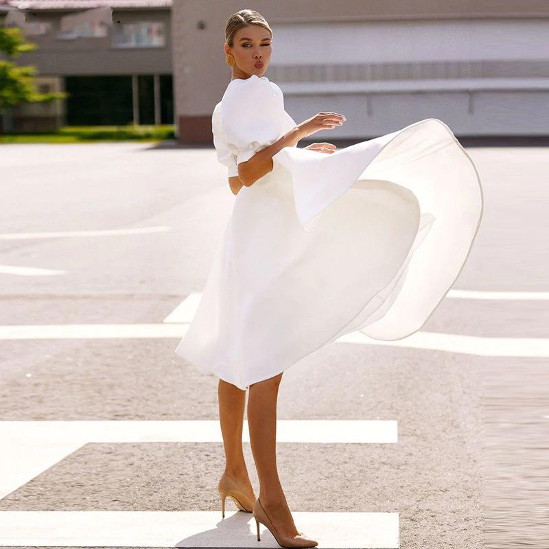 New Women Half Sleeves Sexy Midi Length Dresses-Vintage Dresses-White-S-Free Shipping at meselling99