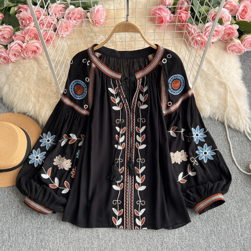 Ethnic Embroidered Tie-Neck Blouse-apricot-one size-Free Shipping Leatheretro