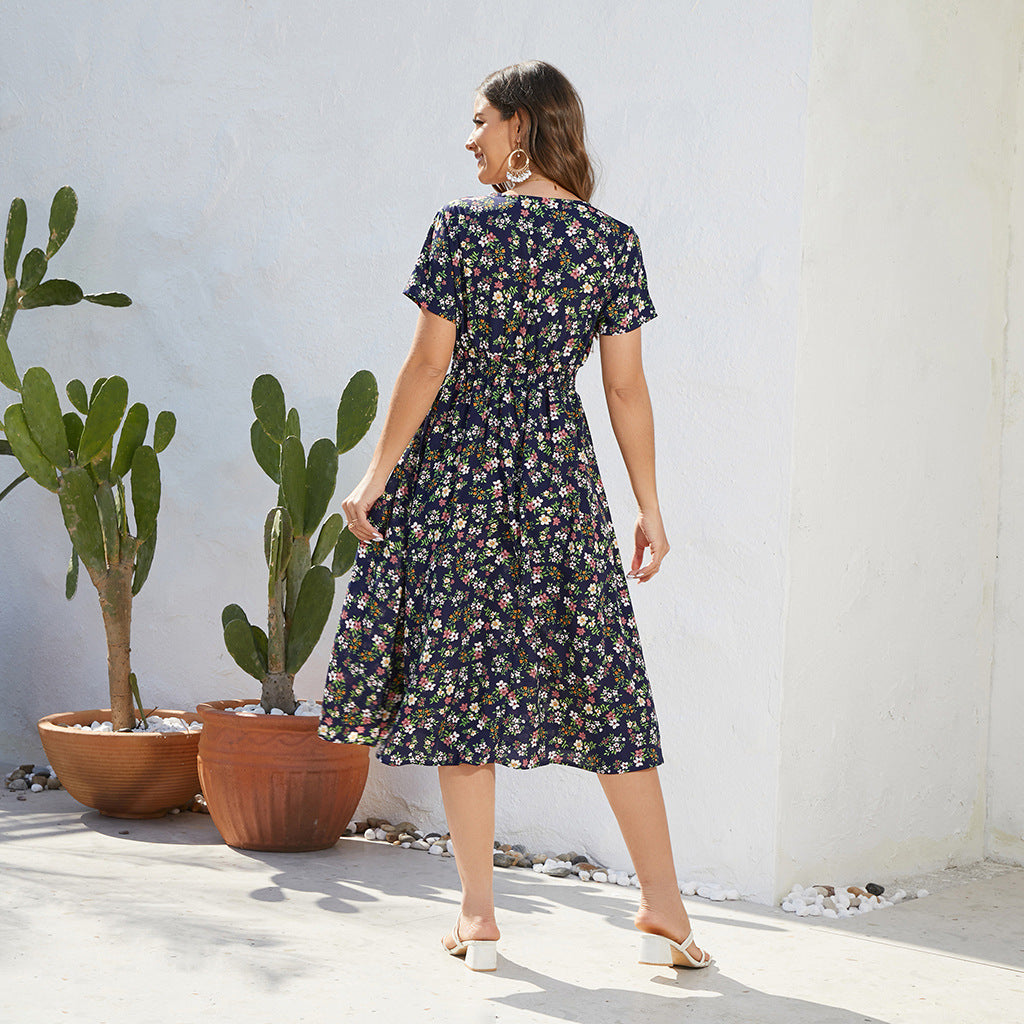 Stretchy Waist Printed Maternity Chiffon Dress