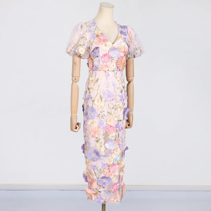Elegant Long Sleeve Embroidered Maxi Dress – Romantic Bubble Sleeve & Floral Lace Detail