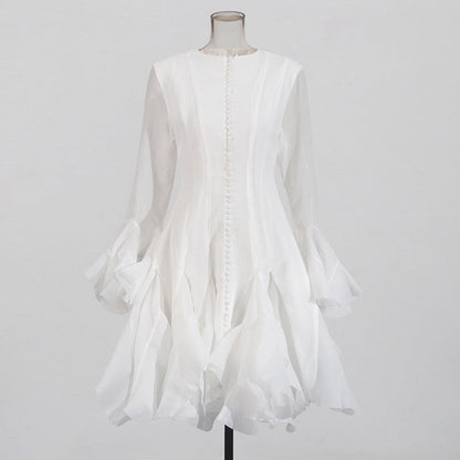 Designed Elegant Round Neck Patchwork Hem Flounce Midi Dress with Bell Sleeves