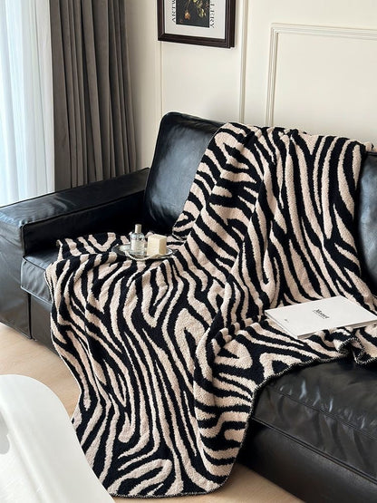Zebra Print Sofa Knit Blanket – Reversible Flannel Throw for Office, Nap, Travel & Home