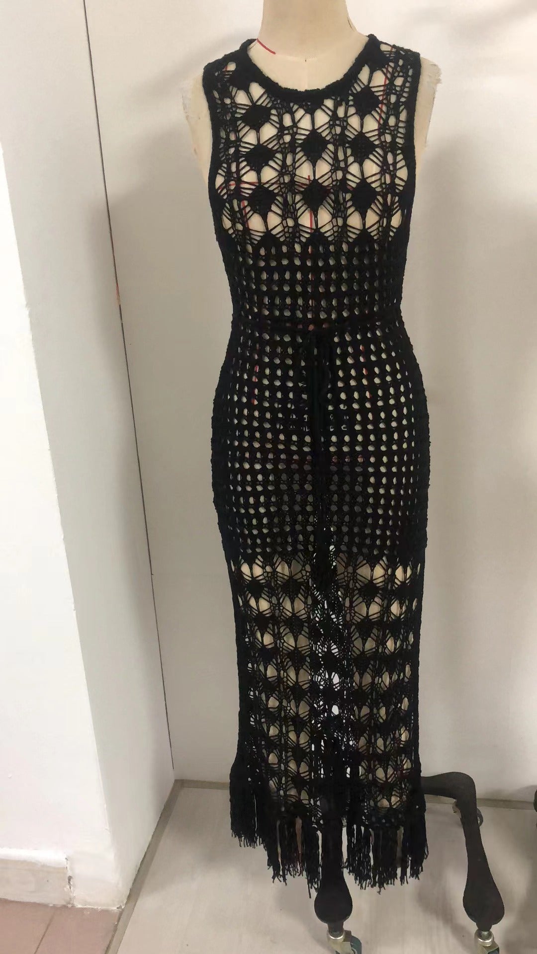 Waist-Tie Floral Lace-Up Hollow Out Beach Maxi Dress with Fringe