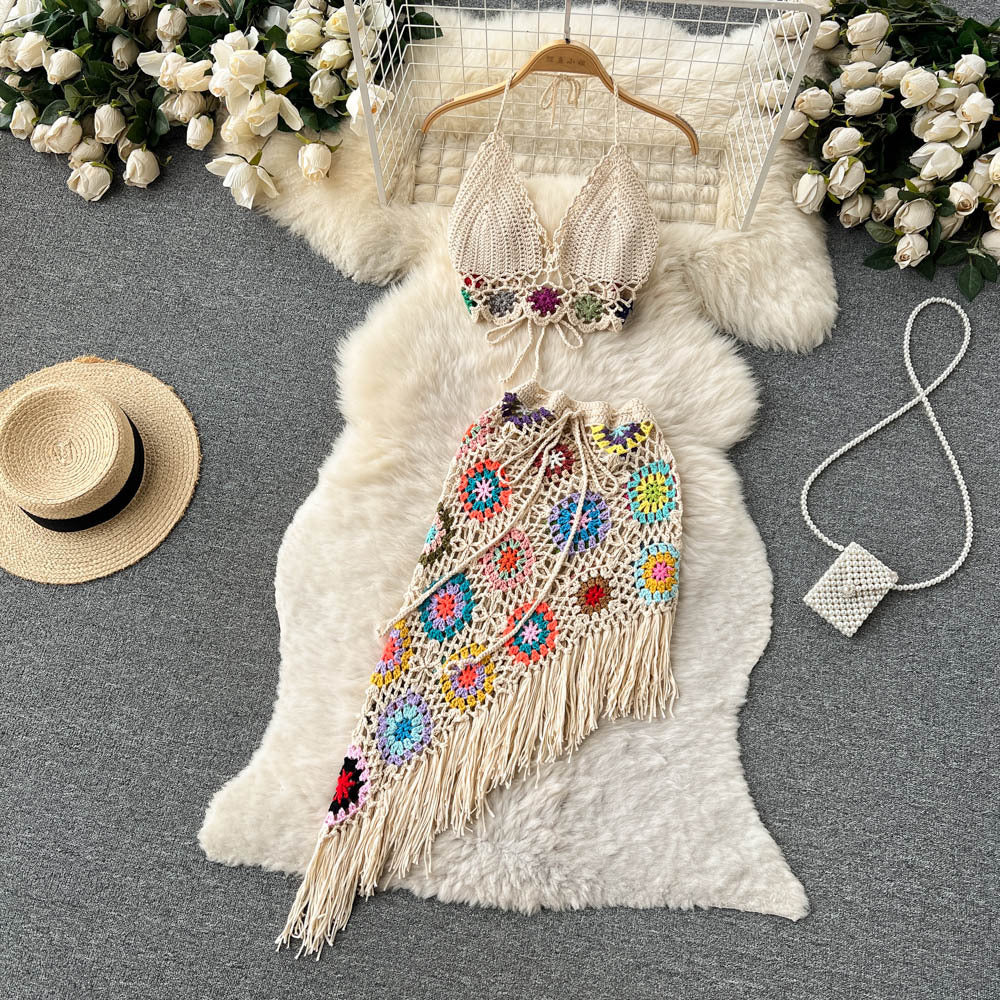 Summer Bohemian Crochet Knitted Strapless Tops & Skirts Women Sets