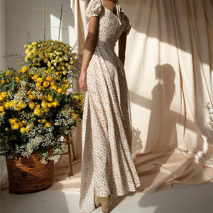 Women's Square Neck Beach Dress with Retro Ruffles, Floral Print