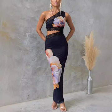 One-Shoulder Floral Lace Mesh Bodycon Dress