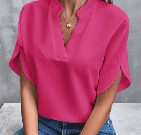Women's V-Neck Shirt - Solid Color Casual Short Sleeve T-Shirt-Rose red-S-Free Shipping Leatheretro