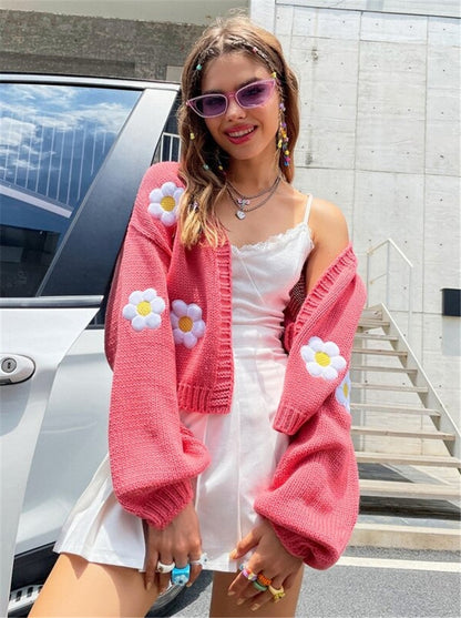 Sweety Floral Print Knitted Cardigan Sweaters