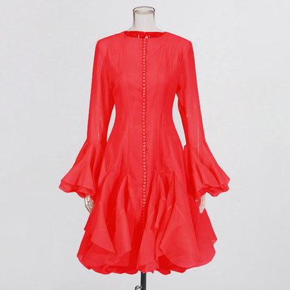 Designed Elegant Round Neck Patchwork Hem Flounce Midi Dress with Bell Sleeves
