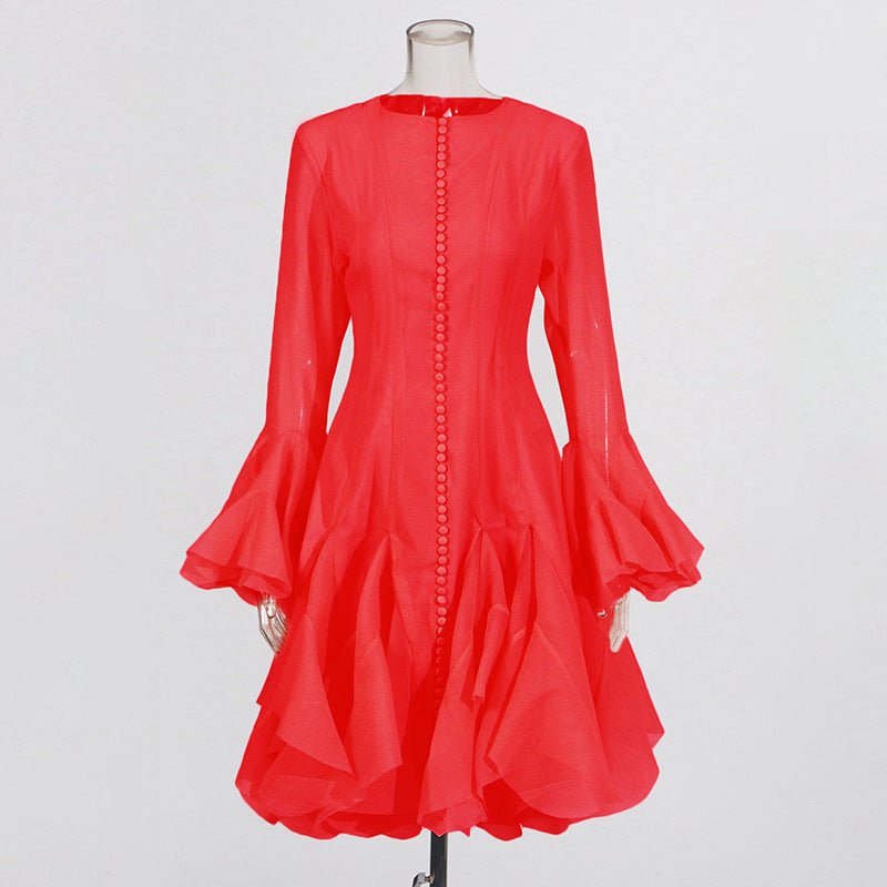 Designed Elegant Round Neck Patchwork Hem Flounce Midi Dress with Bell Sleeves