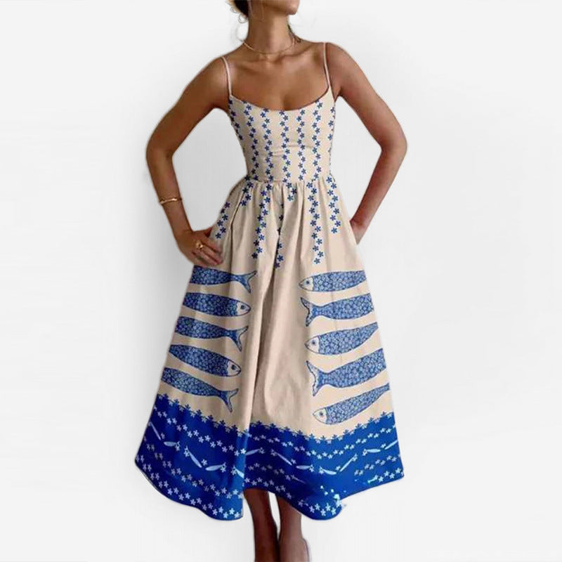 Sexy U-Neck Belted Ruffle Strap Flared Dress