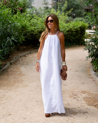 Off-Shoulder Linen Summer Dress – Boho Split Hem Vacation Dress