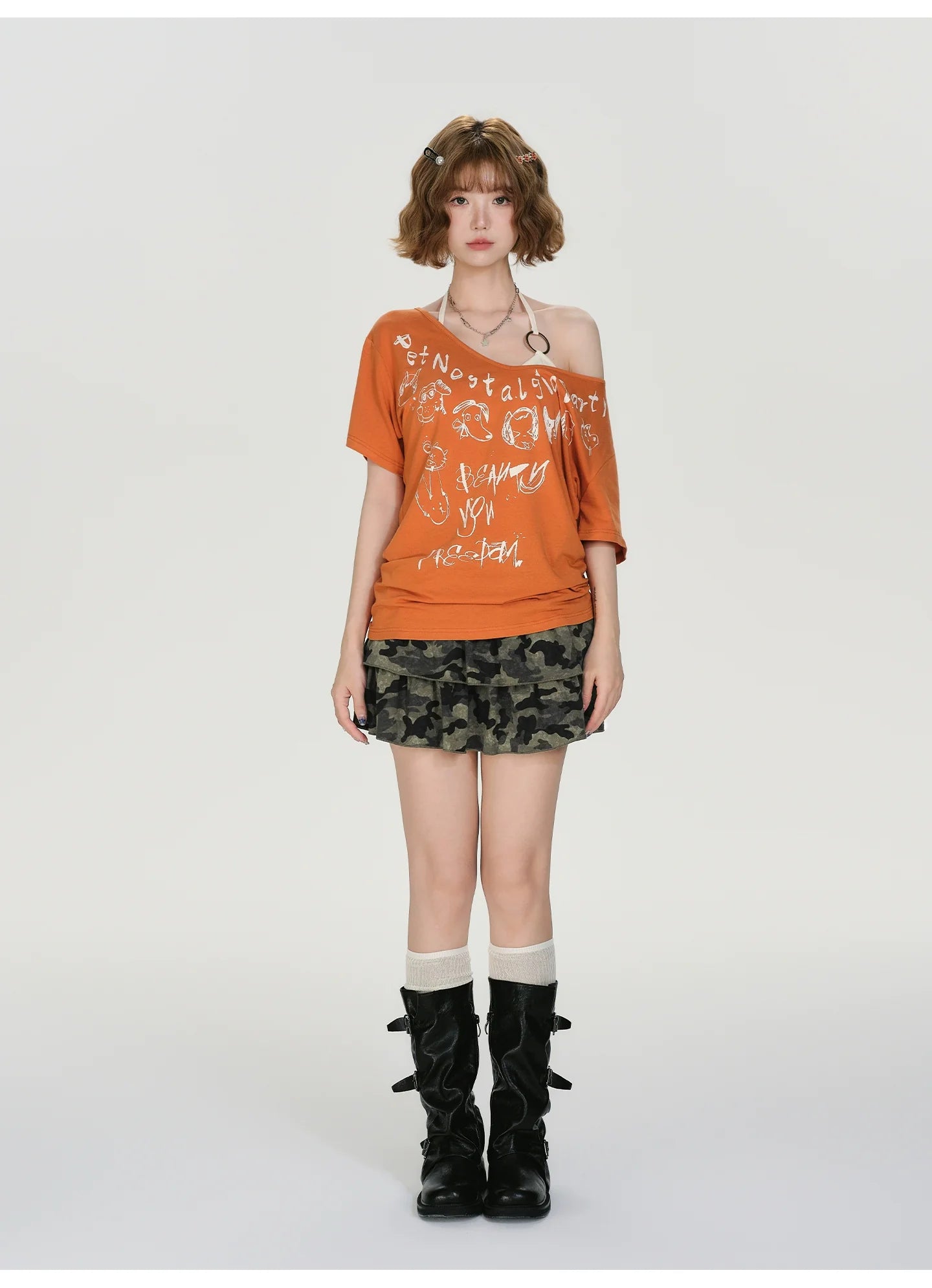 Girlyhalo Retro Baddie Print Off-Shoulder T-Shirt