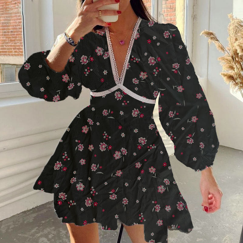 Sweet & Elegant Floral Print V-Neck Lace Dress