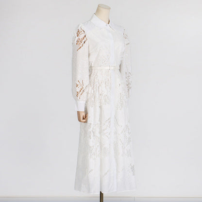 Vintage Collar Long Lantern Sleeve Mid-Length Embroidery Lace Solid Color Dress