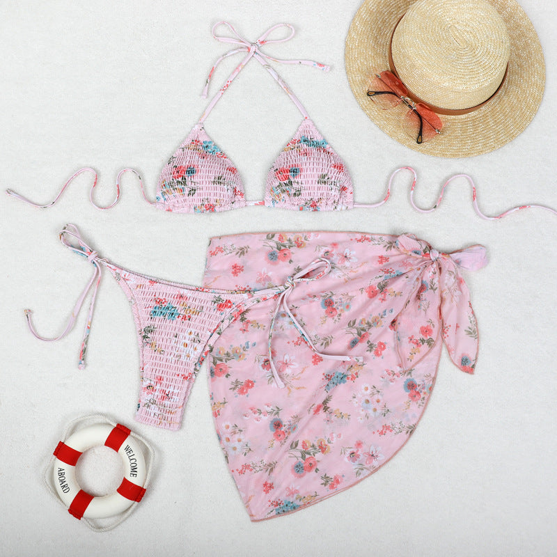 Print Bikini Three-Piece Set – Sheer Skirt Separates, Sexy Vacation Swimwear