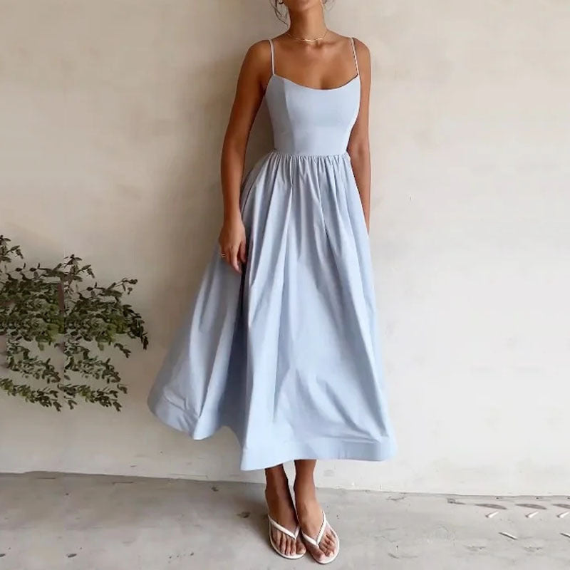 Sexy U-Neck Belted Ruffle Strap Flared Dress