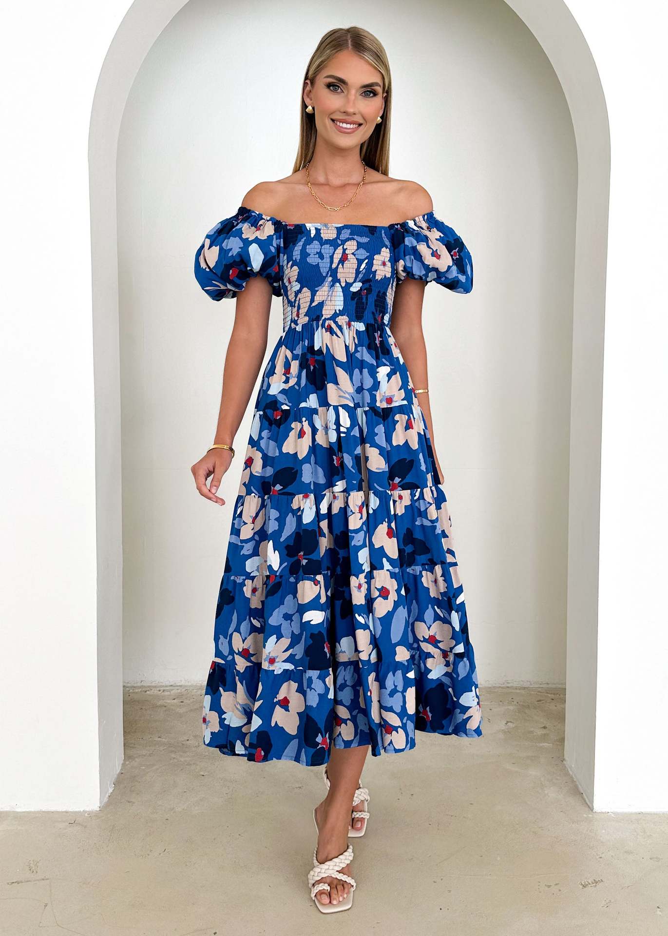 Spring Summer Off-Shoulder Floral Print Puff Sleeve Dress