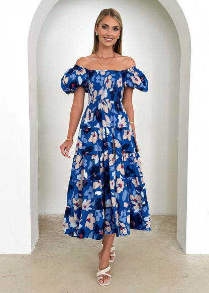 Spring Summer Off-Shoulder Floral Print Puff Sleeve Dress