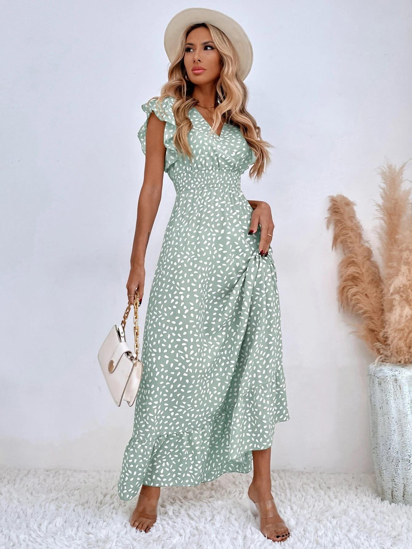 Summer V-Neck Wrap Waist Maxi Dress with Flutter Sleeves-black-S-Free Shipping Leatheretro