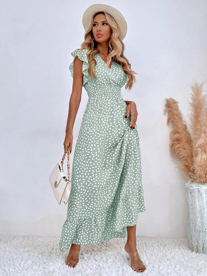 Summer V-Neck Wrap Waist Maxi Dress with Flutter Sleeves-black-S-Free Shipping Leatheretro