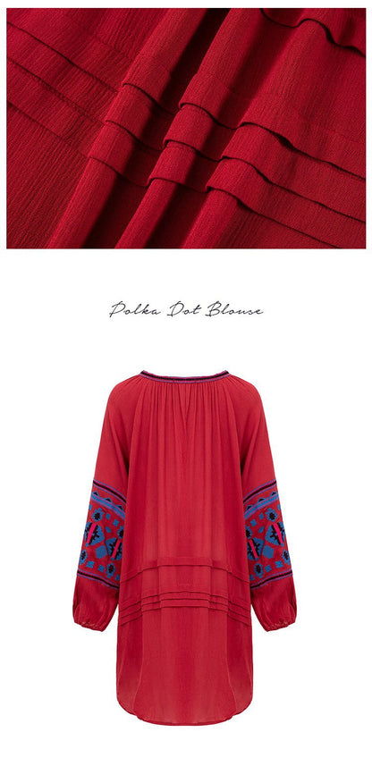 Bohemian Ethnic Embroidered Loose Front Button Dress