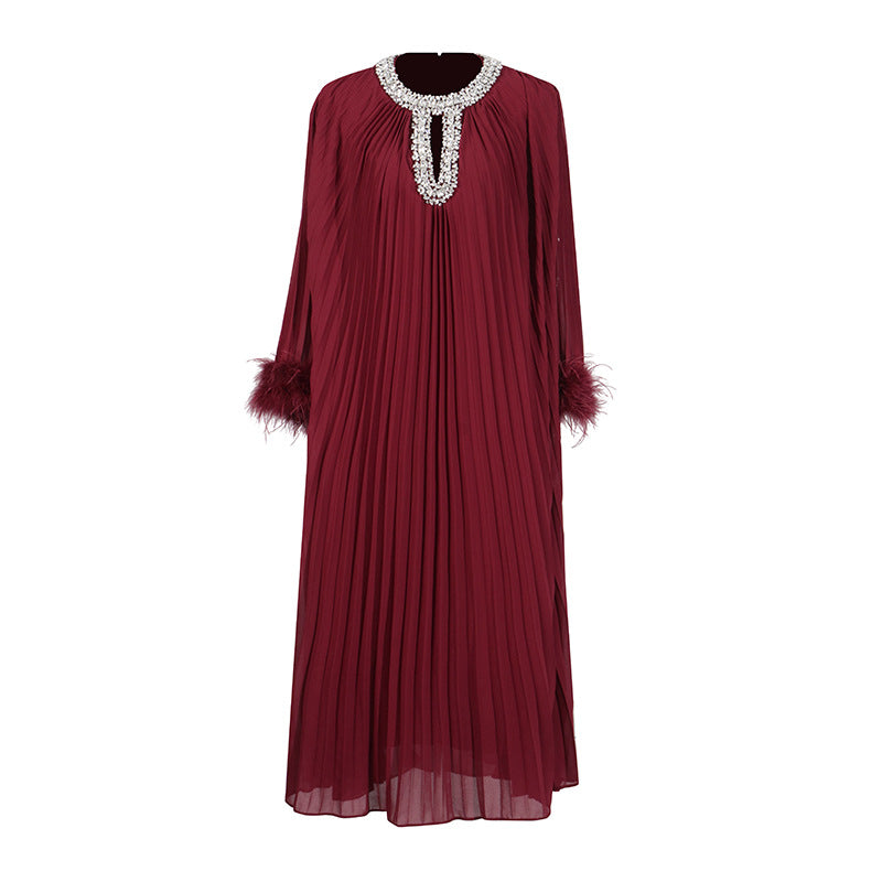 Elegant Round Neck Rhinestone Ostrich Feather Long Sleeve Ruffle Dress