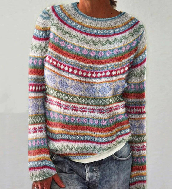 Women's Loose Knit Sweater - Color Block Round Neck Pullover