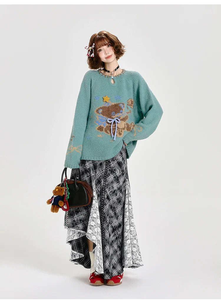 Girlyhalo Cozy Retro Bear Knit Sweater Women